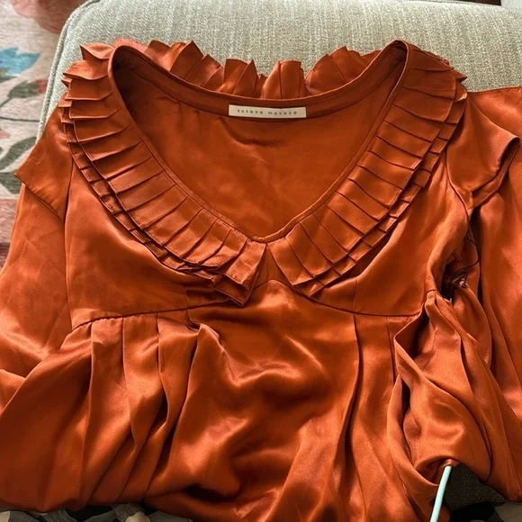 Susana Monaco Orange Shiny Pleated Collart Short Sleeve Zip Dress Small - Picture 5 of 5